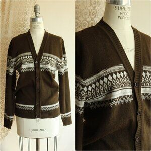 Vintage 1950s 1960s Cardigan, Jaguar Mexican Brown and White Sweater, Size 40